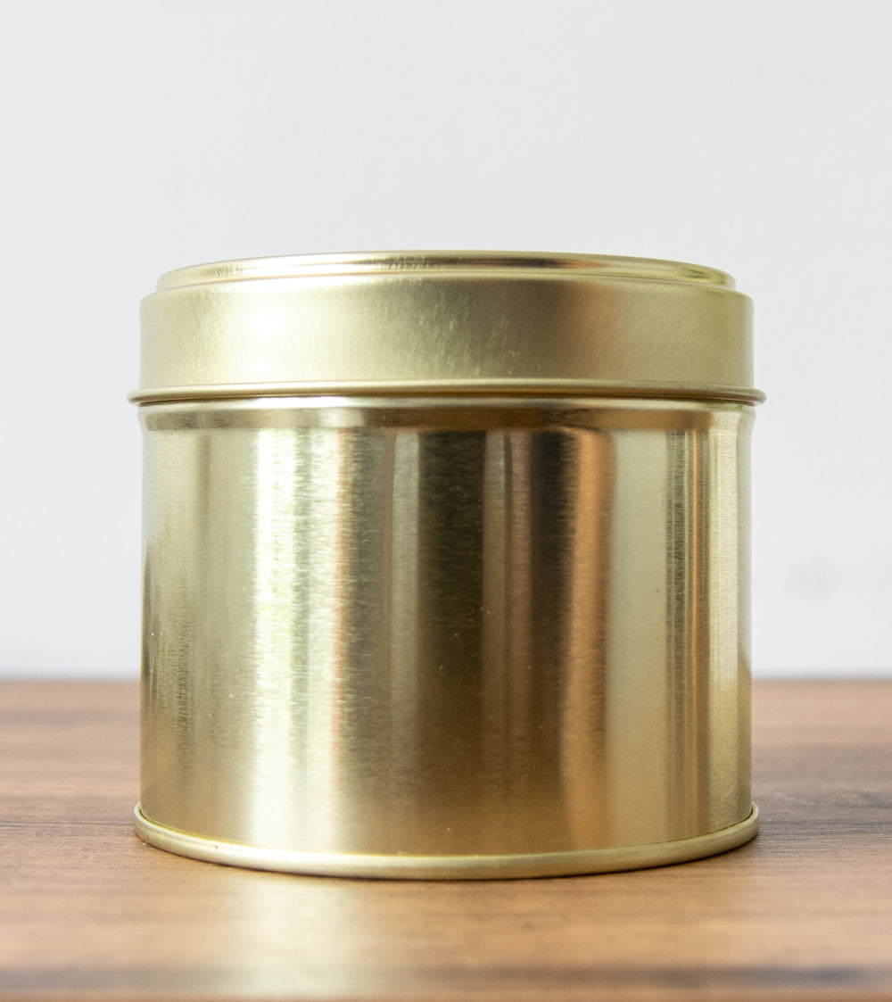 180g white label candle tin in gold