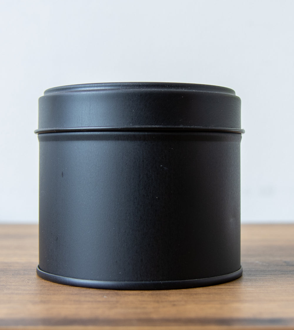 180g white label candle tin in matte black
