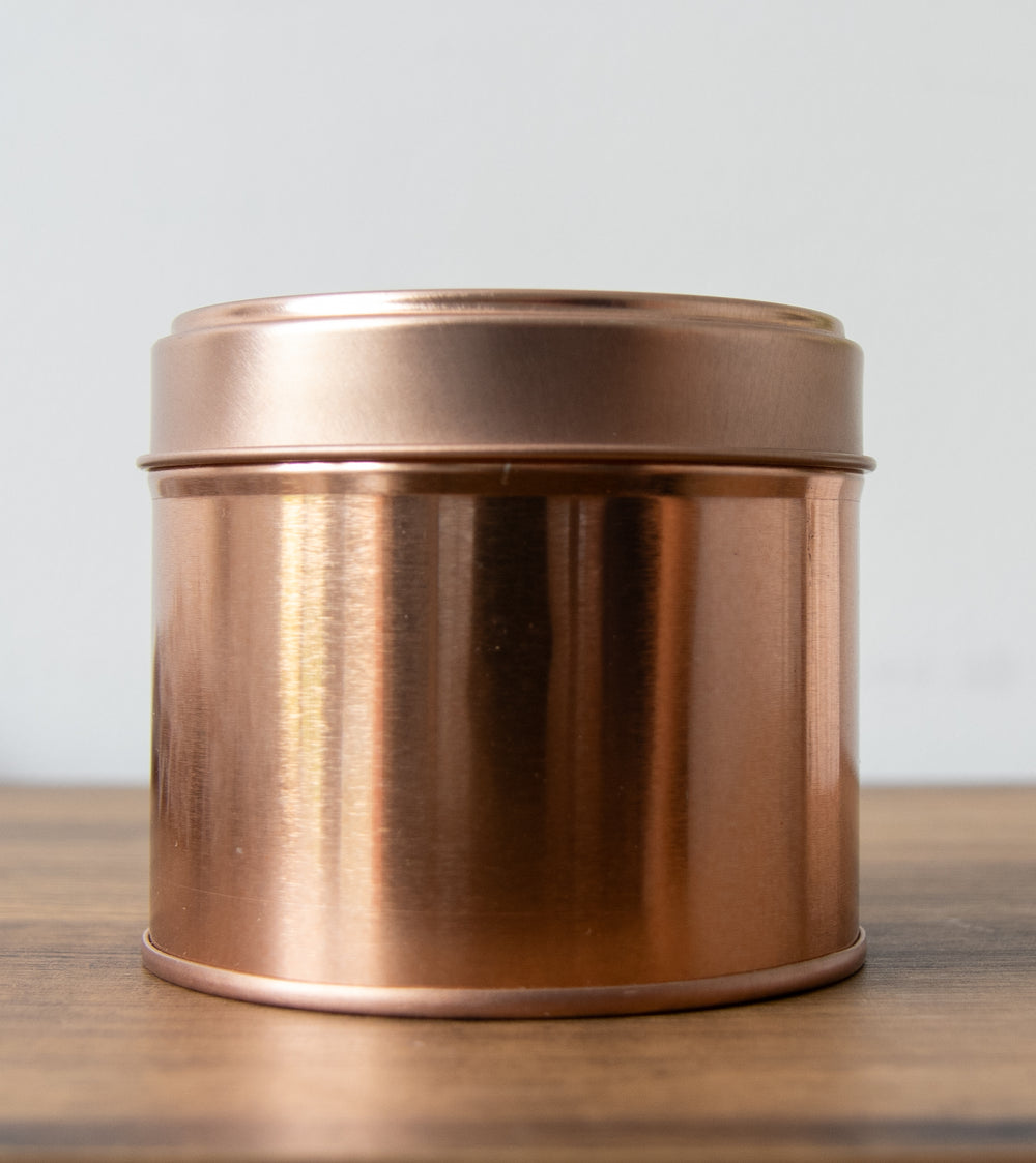180g white label candle tin in rose gold