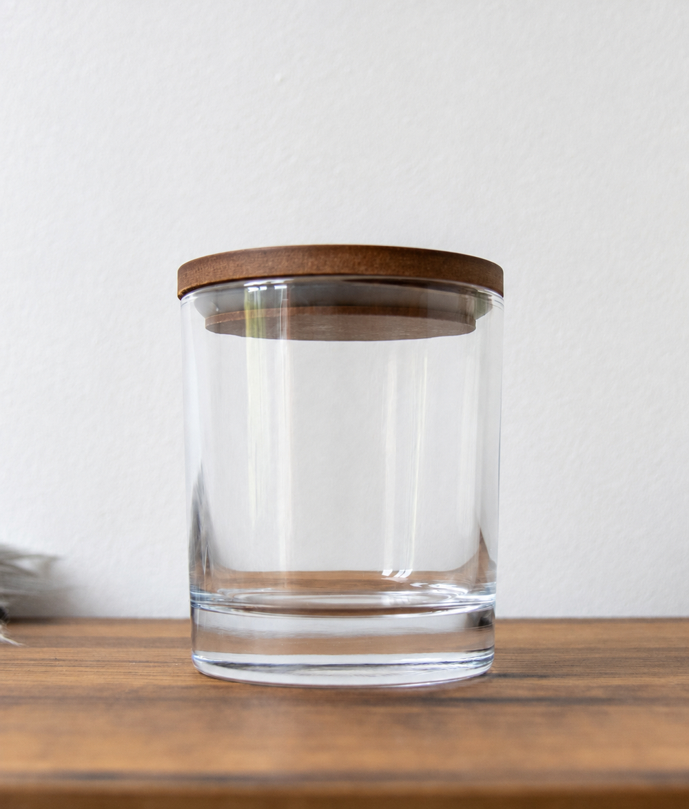 30cl white label candle jar with wooden lid in Clear