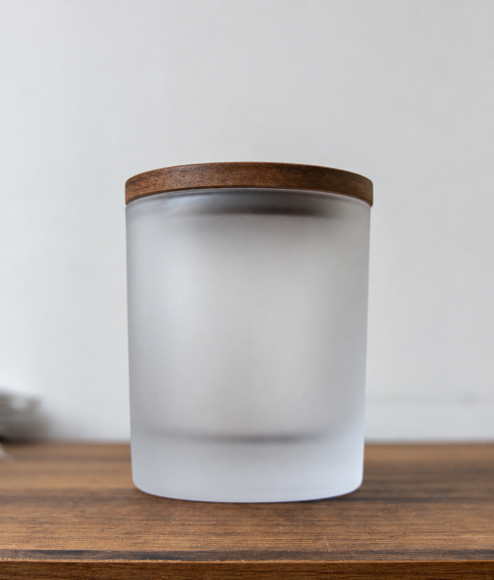 30cl white label candle jar with wooden lid in Frosted White