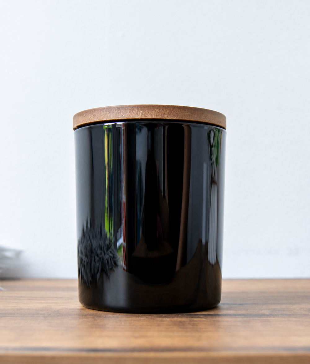 30cl white label candle jar with wooden lid in Gloss Black
