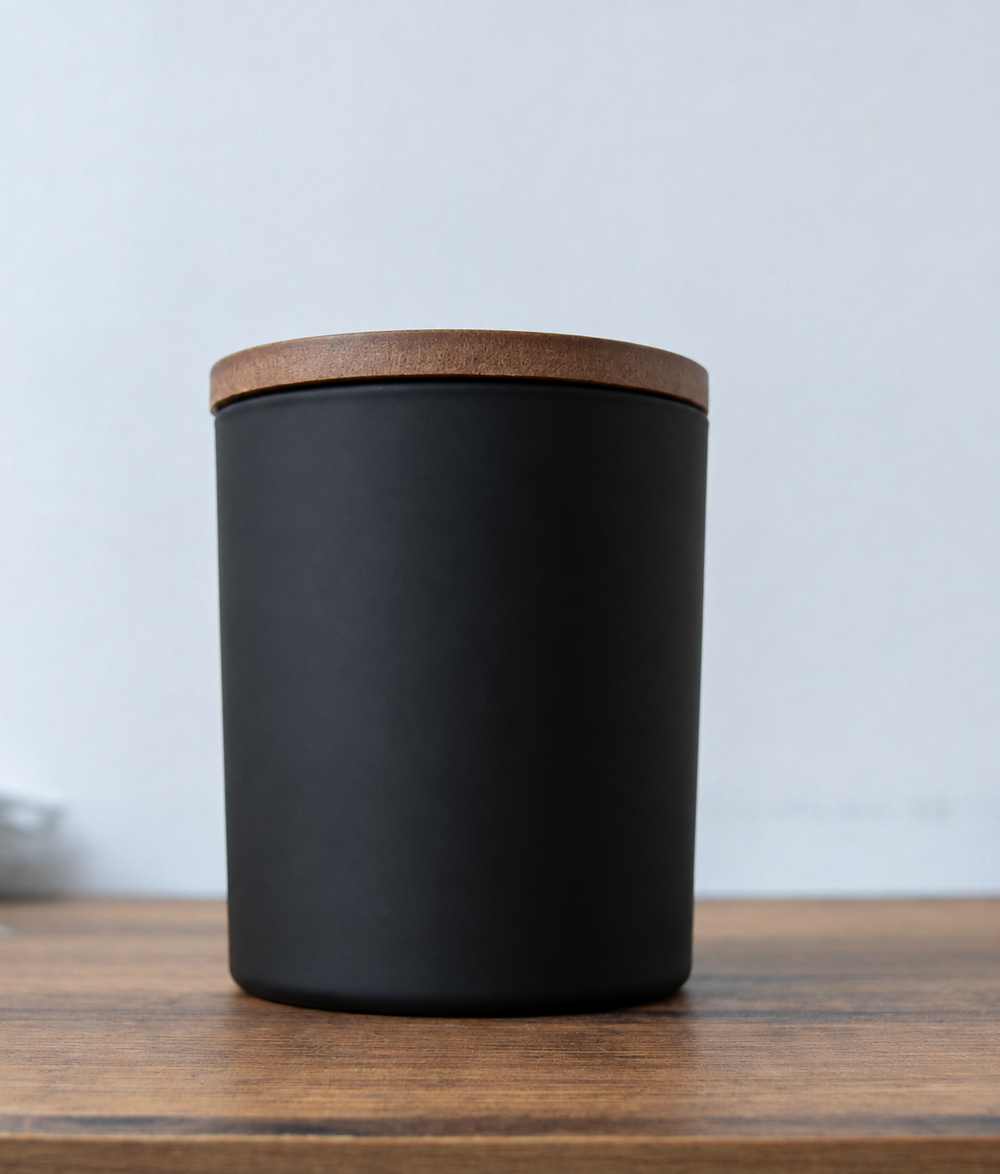 30cl white label candle jar with wooden lid in Matte Black