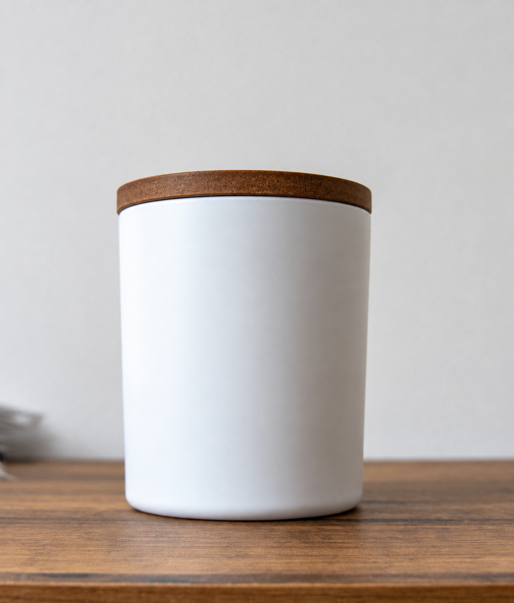 30cl white label candle jar with wooden lid in Matte White